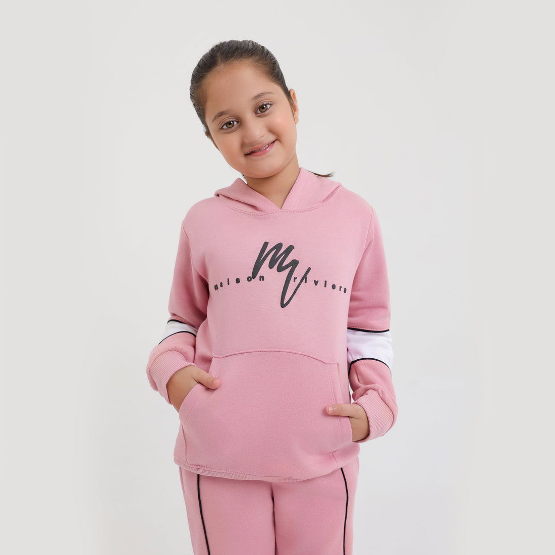 Premium Quality Pink Fleece pull over hoodie Track Suit For Girls