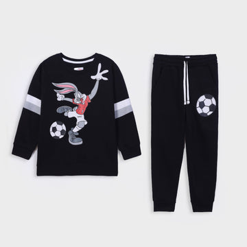 Premium Quality Printed Sleeve Panel Black Fleece Suit For Kids