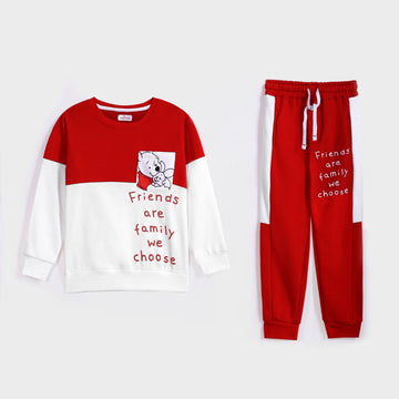 Premium Quality Cut & Sew Printed Fleece Red sweat Suit For Girls